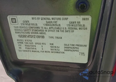 2000 Chevrolet Silverado 1500 Ls z USA, uszkodzony, nr VIN 1GCEK14T5YZ139199